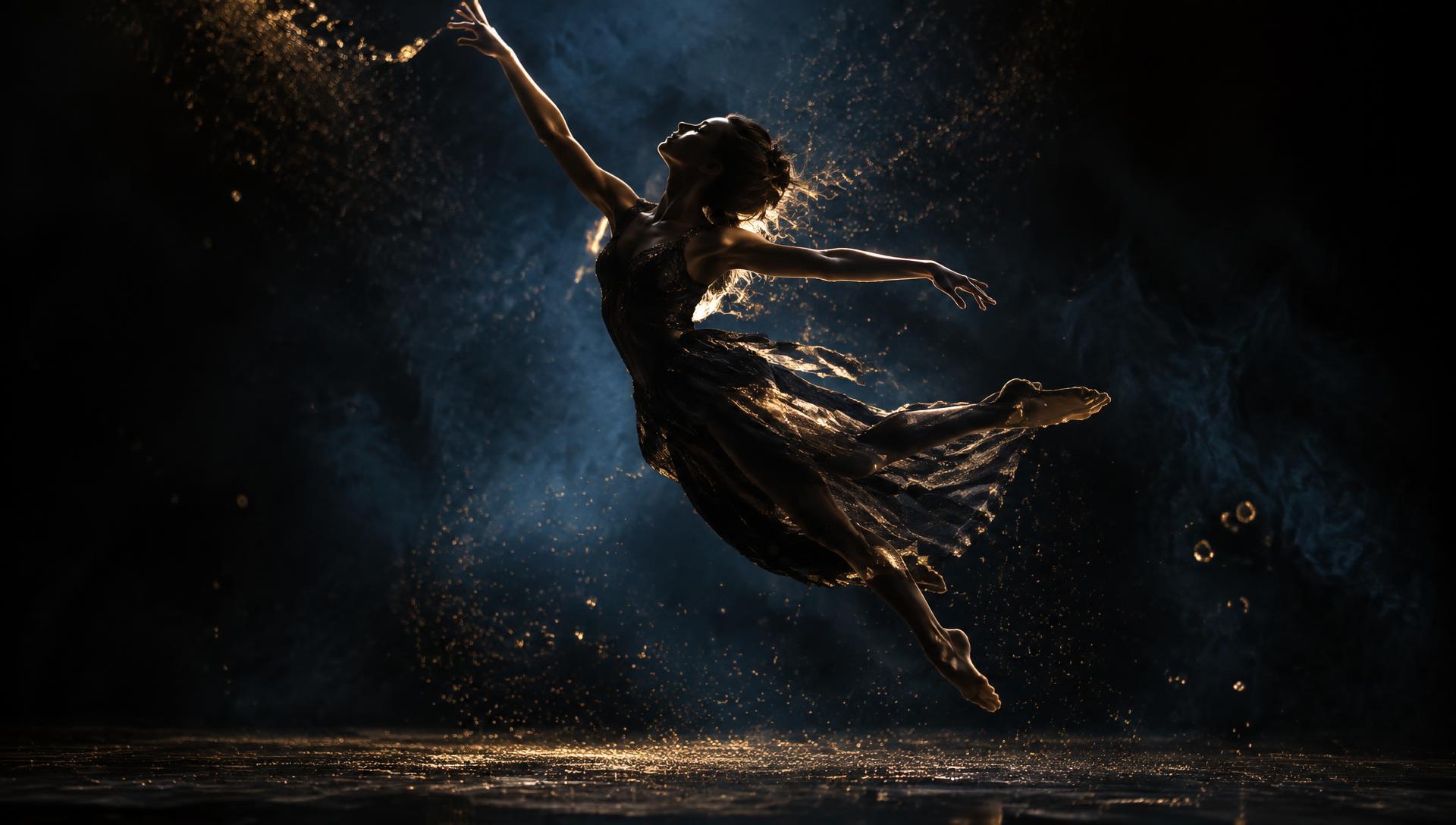 Dancer leaping under gold light